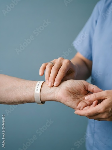 Healthcare worker checking patient's pulse on wrist, minimal close-up