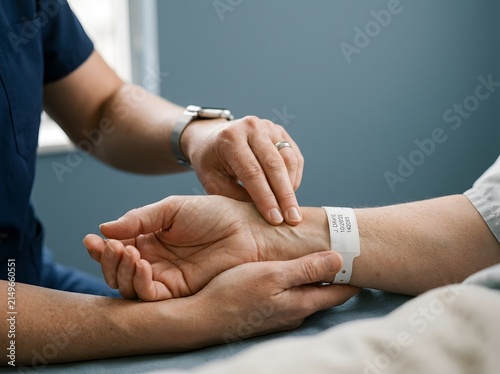 Healthcare worker checking patient's pulse on wrist, minimal close-up