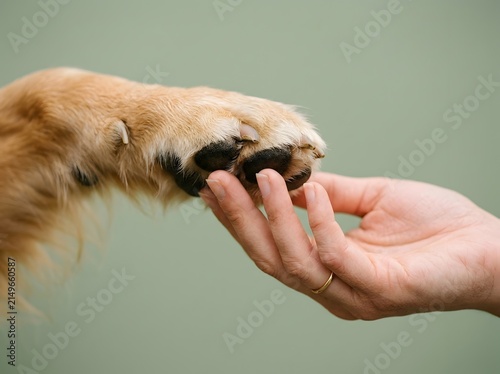 Human hand gently touching dog paw, connection concept