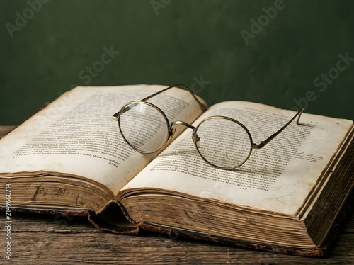 Open leather-bound book with reading glasses, wisdom concept