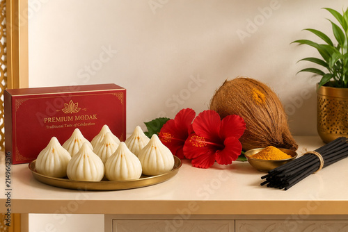 Modak sweets with red hibiscus, coconut with turmeric and incense sticks on shelf, premium festive display concept