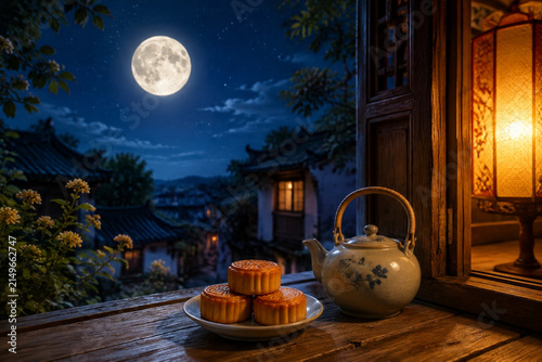 Mooncakes and ceramic teapot on wooden doorstep with full moon and lantern glow, Mid-Autumn festival concept