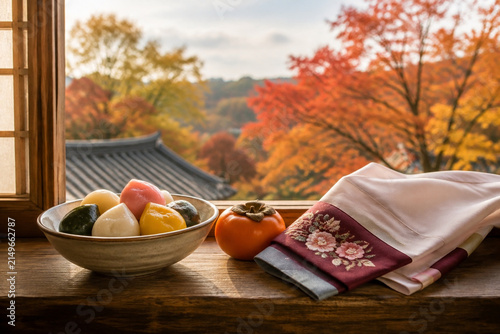 Songpyeon rice cakes, persimmon and hanbok fabric on windowsill, Korean harvest celebration concept