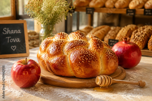 Round challah bread, apple, pomegranate and honey dipper on flour-dusted wooden board, festive bakery concept