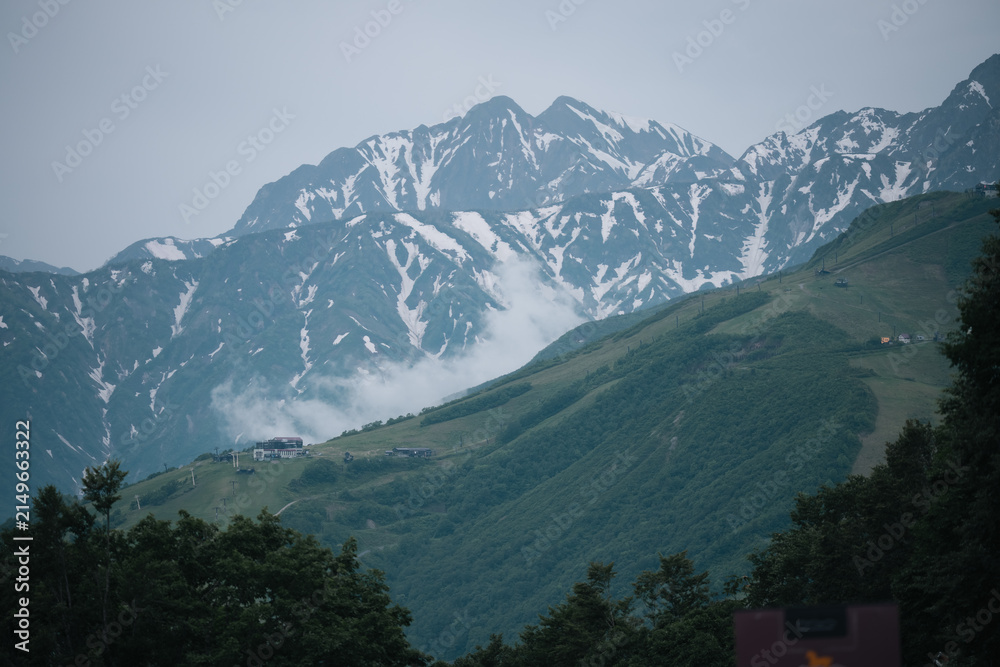 Obraz premium Snow mountain peak mist valley forest landscape alpine ridge sky, snow capped mountain peak with mist over green valley and forest, calm alpine landscape under pale sky