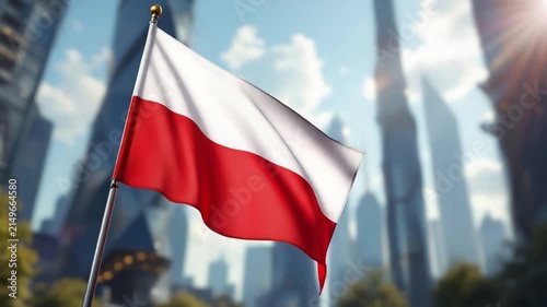 Polish Flag Waving Against Modern City Skyscrapers and Blue Sky