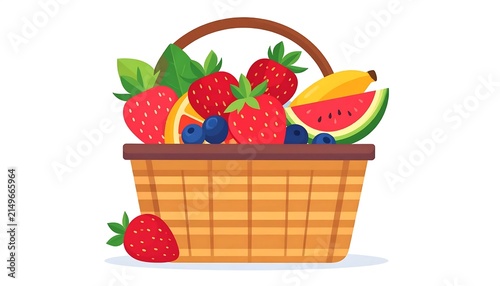 Colorful fruit basket with strawberries and grapes.