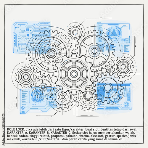 Abstract Blueprint of Interlocking Gears and Digital Circuits