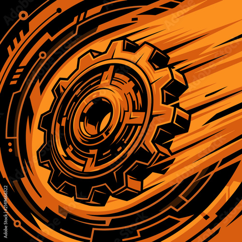 Abstract Cogwheel Motion Graphic with Orange Energy Streaks