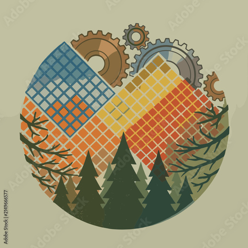 Abstract Mountain Landscape with Gears and Trees Industrial Nature