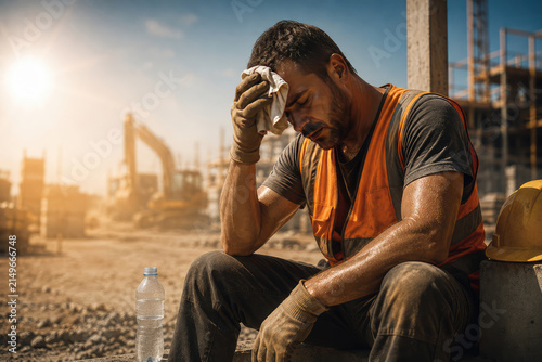 Exhausted Construction Worker Resting in Extreme Heat on Building Site