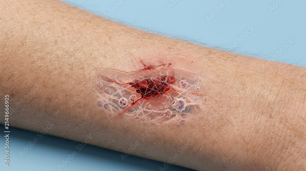 Fototapeta premium Microscopic 3D medical illustration of skin wound healing and blood