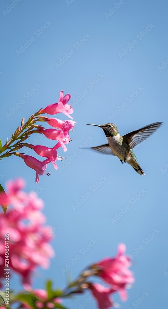 Fototapeta premium Hummingbird hovering in air drinking nectar from vibrant pink flowers against blue sky macro wildlife bird