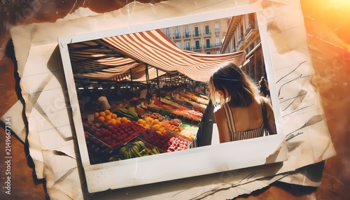 A faded snapshot of a woman glancing back at a busy outdoor fruit market, Ai generated image