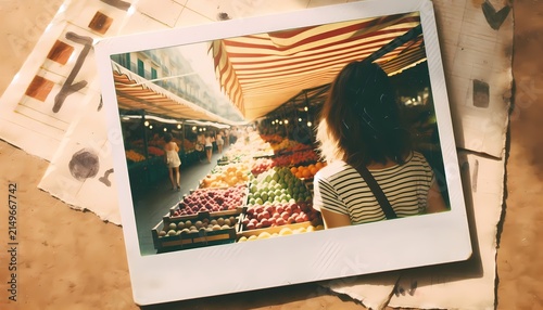 A faded snapshot of a woman glancing back at a busy outdoor fruit market, Ai generated image