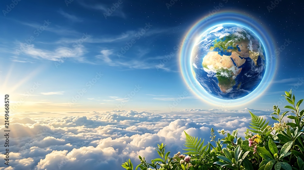 Naklejka premium World Ozone Day concept with Earth protected by glowing atmosphere