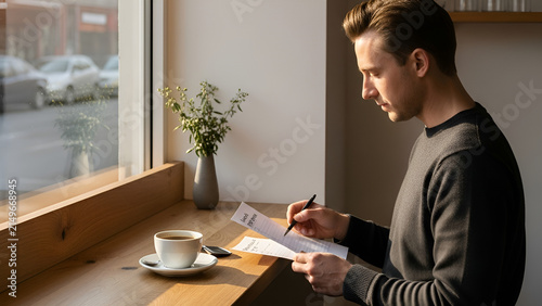 Young man signing document at cafe table