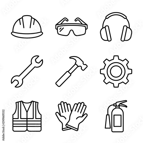 Construction Safety Equipment and Tools Icons Set