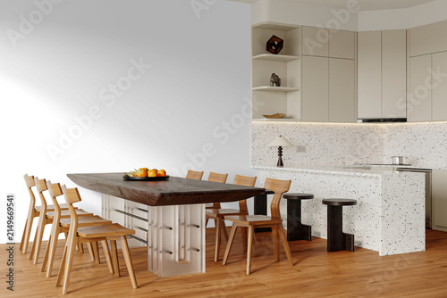 Contemporary Kitchen and Dining Wall Mockup PNG with Terrazzo Kitchen Island and Wooden Dining Table, Transparent Background, Soft Shadows