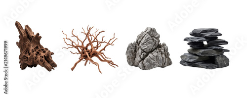 Aquarium landscaping hardscape natural elements set with driftwood and stones