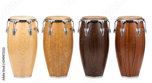 Foto Collection of traditional wooden conga drums in various wood finishes