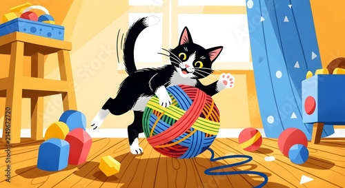 Playful black and white tuxedo kitten playing with a colorful ball of yarn in a bright room illustration.