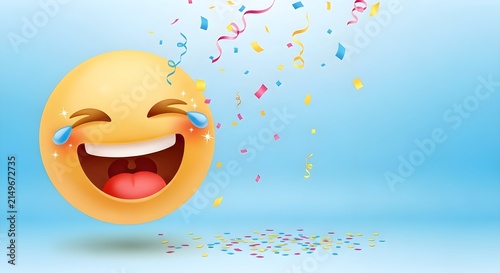 Laughing emoji face with tears of joy celebrating with colorful falling confetti on light blue background.