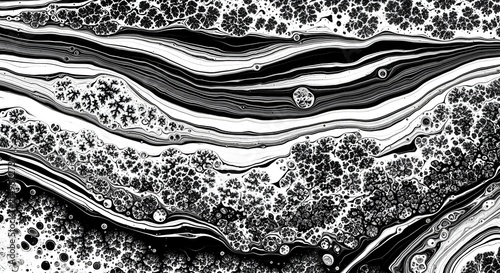 Monochrome Abstract Fluid Painting Texture With Black And White Marble Flowing Waves And Speckled Cellular Pattern Background.