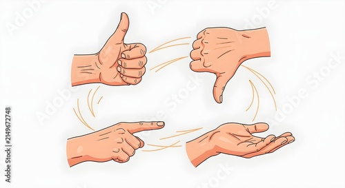 Illustration showing four different hand gestures in a sequence on white.