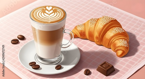 Latte macchiato in a tall glass with croissant and chocolate.