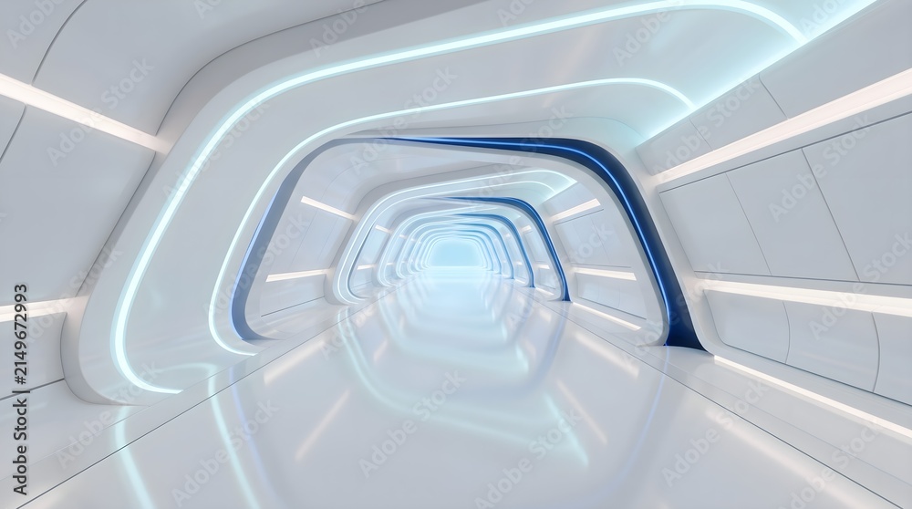Obraz premium Futuristic white corridor with neon lights, modern spaceship interior hallway, sci-fi laboratory tunnel with glowing blue accents