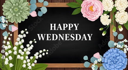 A chalkboard sign decorated with a floral border featuring white pink and blue flowers and greenery that reads Happy Wednesday.