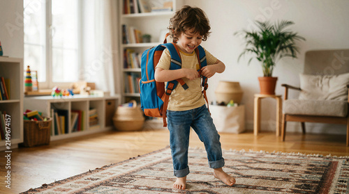Happy young boy getting ready for school with his backpack