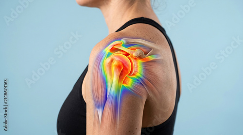 Medical 3D illustration of a human shoulder joint with thermal heat