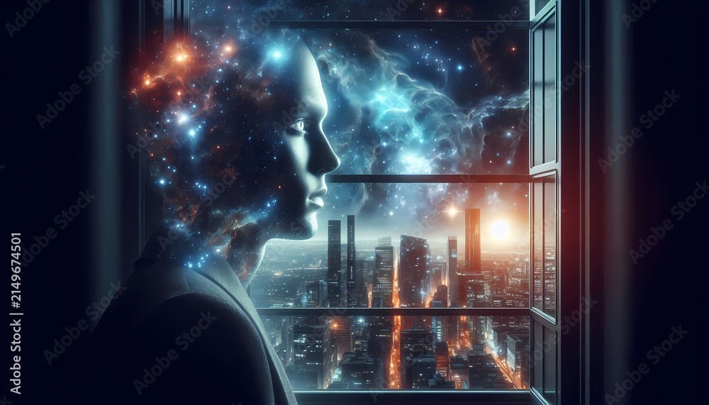 Fototapeta premium A person stands at a window expecting a city view, but the reflection and the view outside show deep space, stars, and a glowing nebula instead of buildings, surreal cosmic scene, Ai generated image