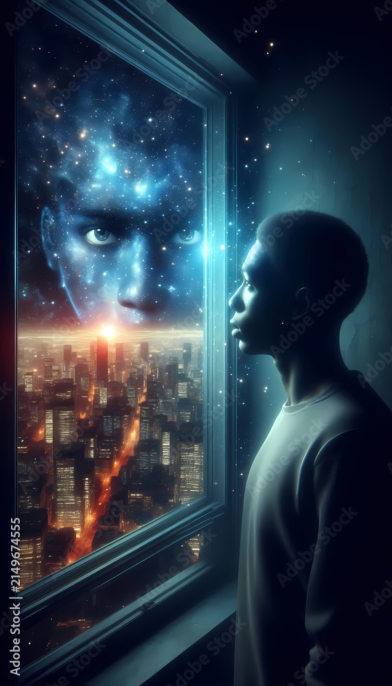 Fototapeta premium A person stands at a window expecting a city view, but the reflection and the view outside show deep space, stars, and a glowing nebula instead of buildings, surreal cosmic scene, Ai generated image