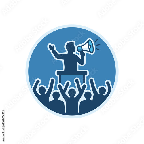 Speaker addressing crowd with megaphone illustration.