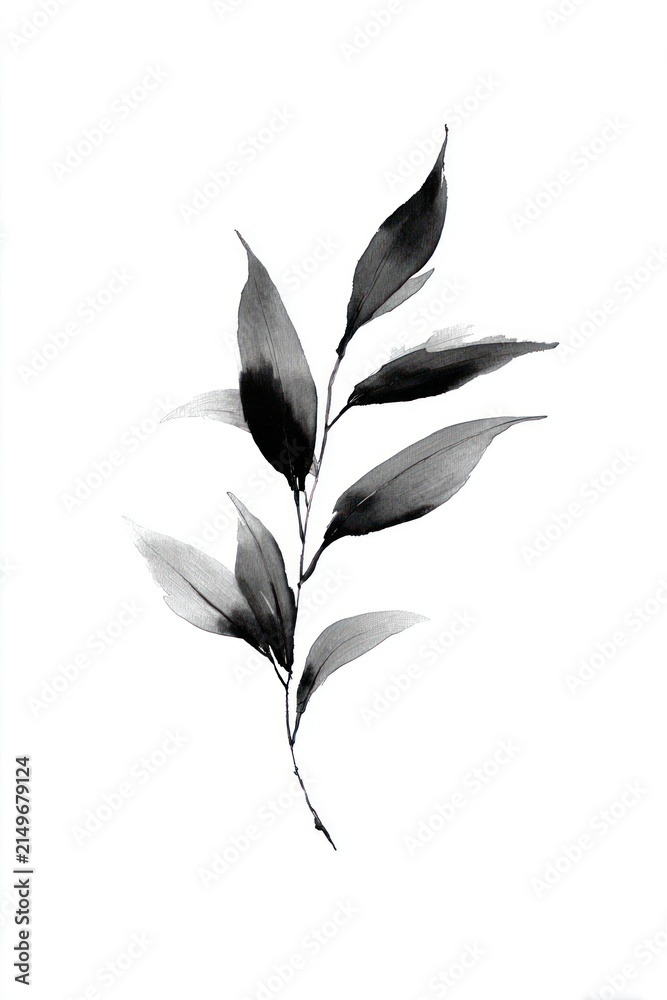 Fototapeta premium Minimalist black ink leaf illustration.