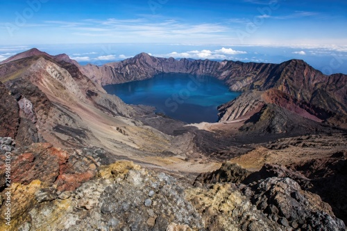 Volcanic crater lake view from high mountain peak landscape