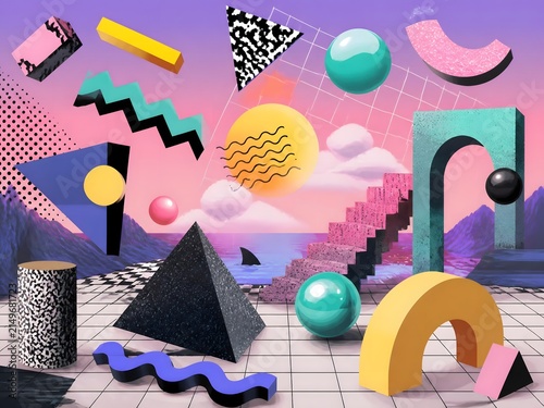 surreal fantasy Retro 90s Memphis Abstract Background with Colorful Geometric Shapes