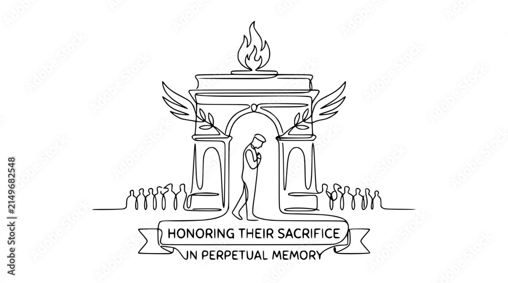 Obraz premium One Line Drawing: Soldier Bows Under Arch, Honoring Sacrifice, Perpetual Memory