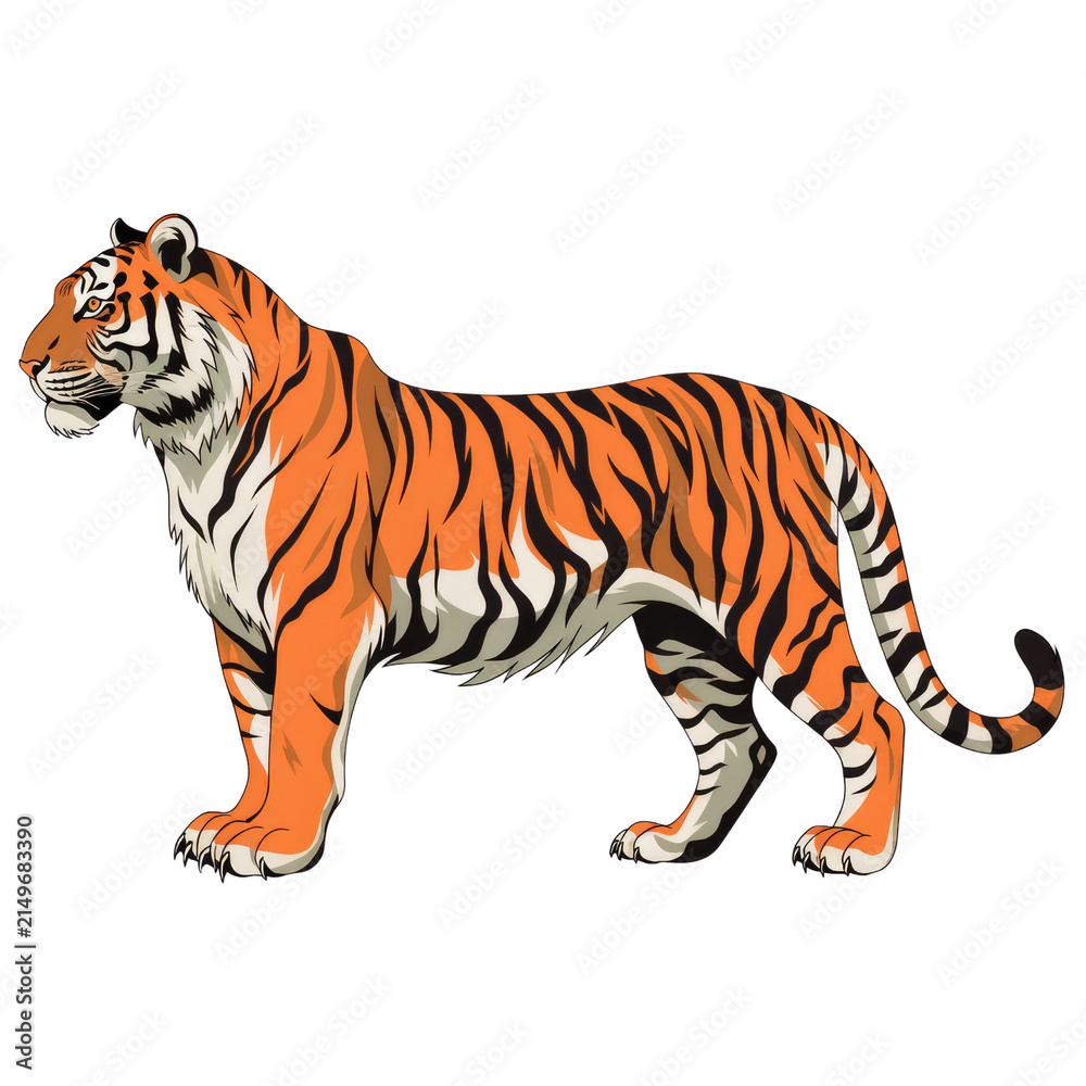 Obraz premium Illustrated Orange Bengal Tiger Standing in Side Profile View on Transparent Background