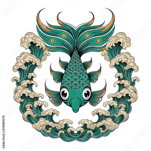 Ornamental Teal Fish With Horns Surrounded by Ocean Waves Illustration on Transparent Background