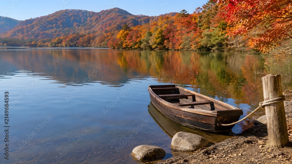 Naklejka premium 紅葉の湖畔に係留された木造の和船 静かな秋の情景