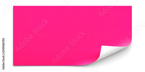 Bright pink sticker with a curled corner on a white background