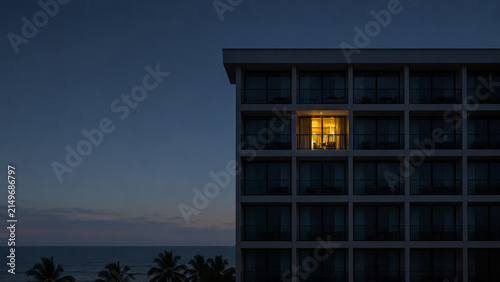 a single brightly illuminated room balcony glowing warm yellow on a dark hotel building facade at twilight above palm trees silhouettes and the ocean
