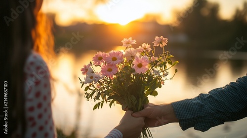 A man gifting a bouquet of flowers to a woman during a romantic sunset by the lake