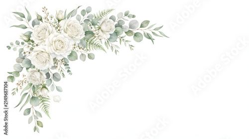 Elegant watercolor corner arrangement featuring white roses and green eucalyptus leaves perfect for wedding invitations or sophisticated floral stationery design projects
