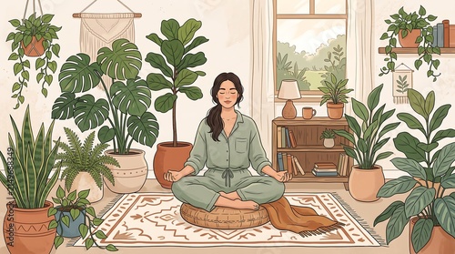 Young Woman Meditating on a Bench in a Beautiful Garden, Smiling and Relaxing Outdoors in a Peaceful Summer Lifestyle Setting