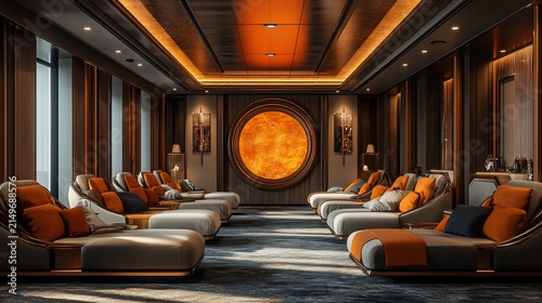 Opulent Relaxation Lounge with Warm Lighting and Luxurious Seating Arrangement